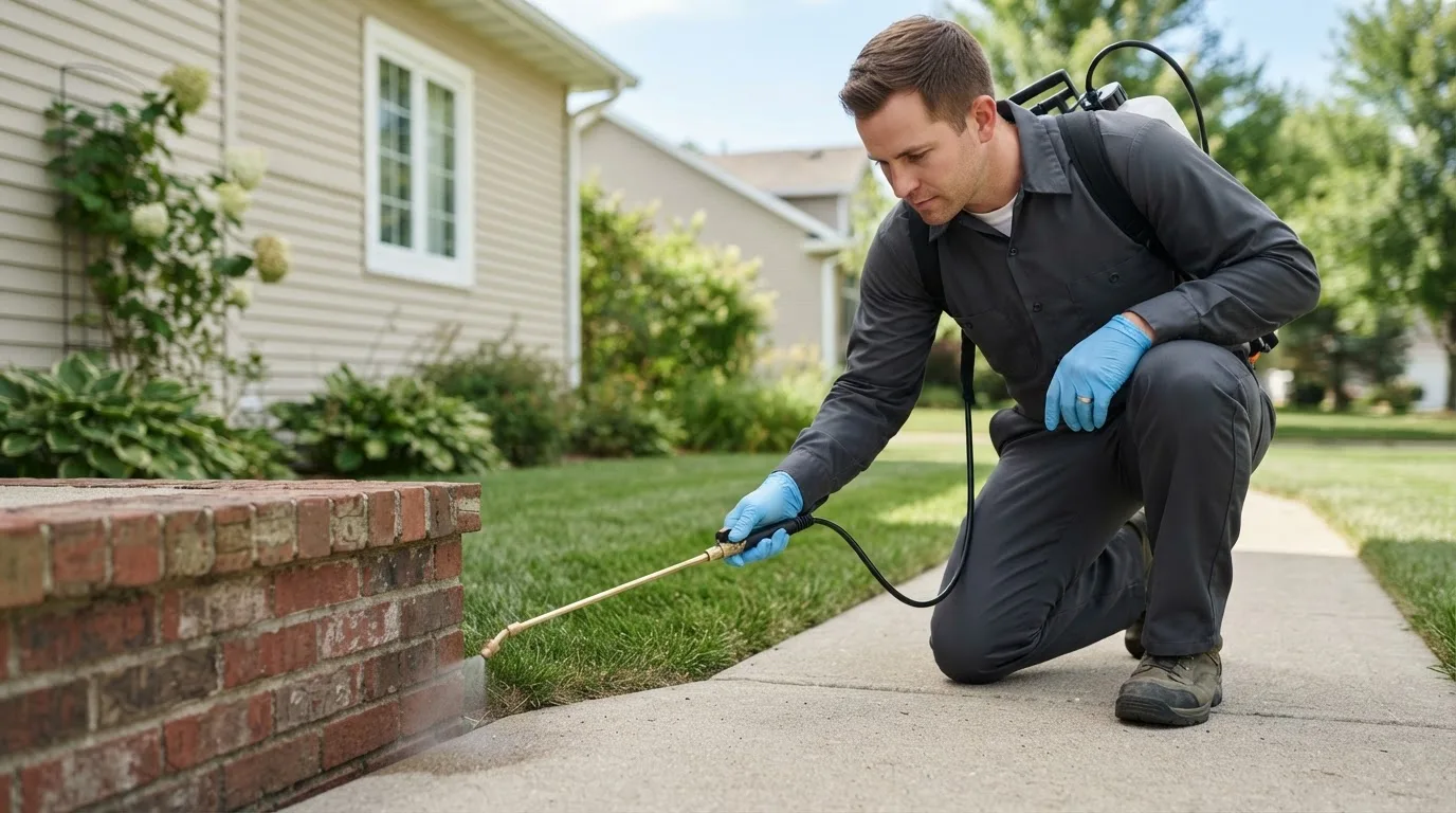 Pest control technician treating a home near Homestead, PA